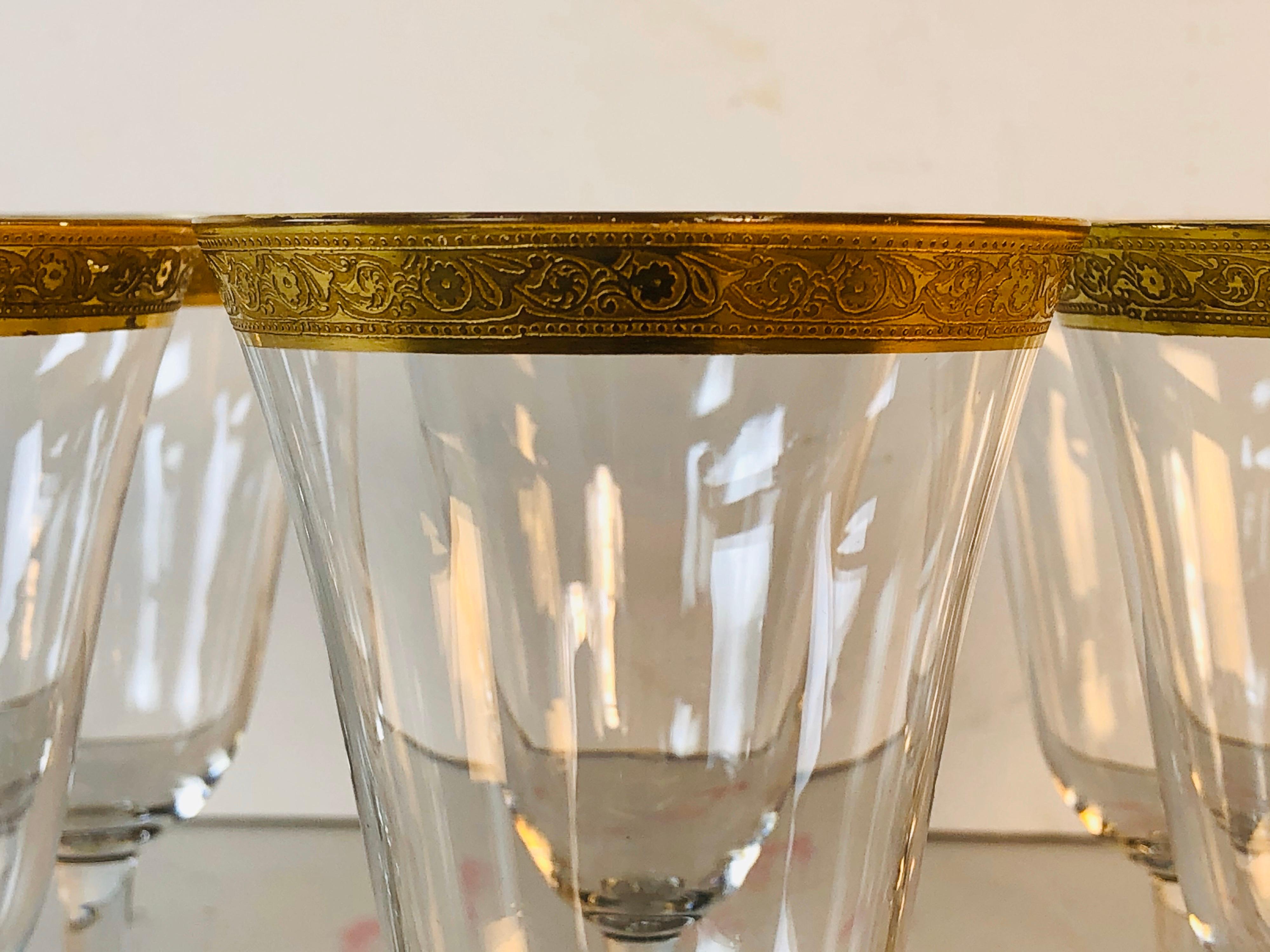 20th Century 1930s Tiffin Glass Gold Rim Rose Tall Stems, Set of 10 For Sale