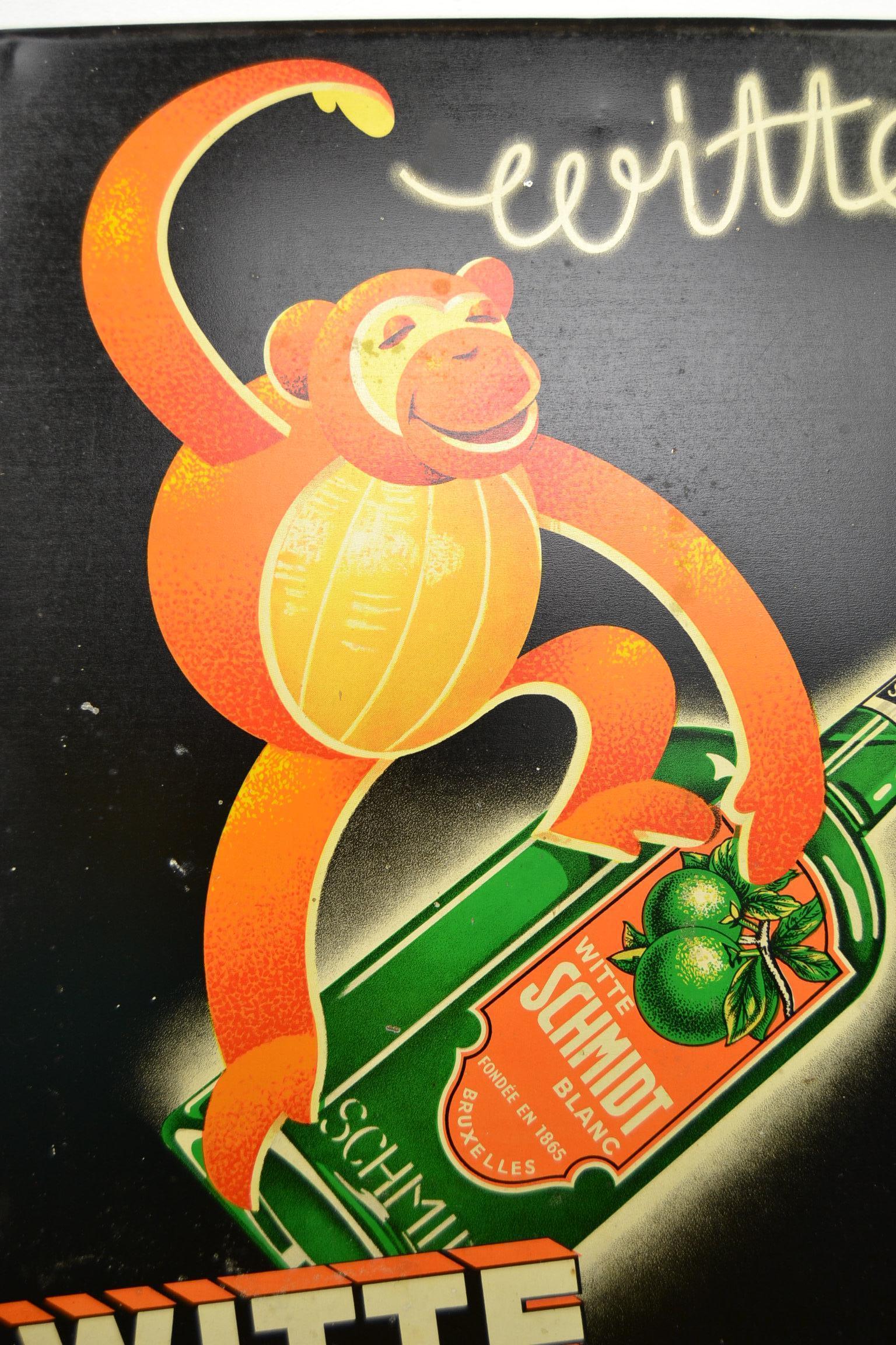 1930s Sign for Belgian Liquor with Monkey and Bottle 7