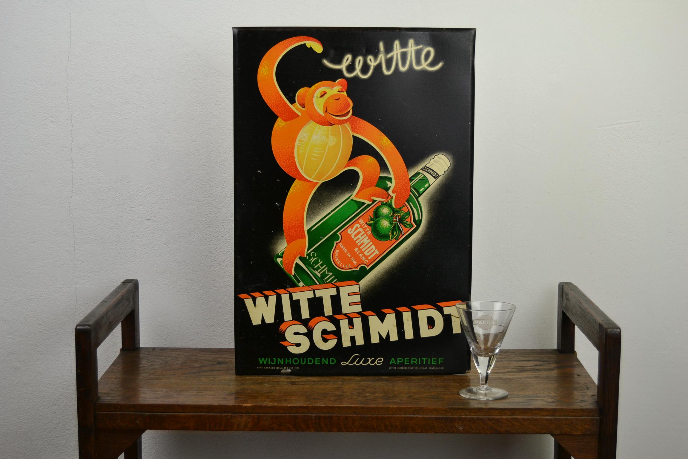 1930s Sign for Belgian Liquor with Monkey and Bottle 13