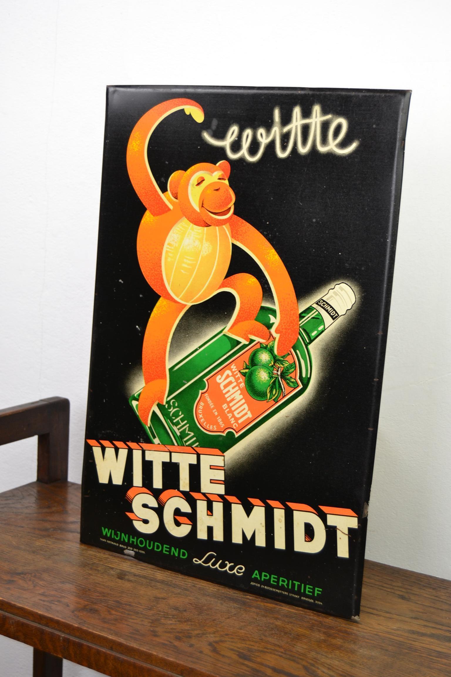 Art Deco 1930s Sign for Belgian Liquor with Monkey and Bottle