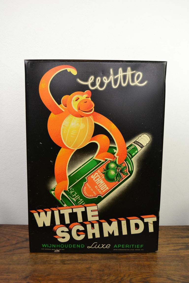 1930s Tin Advertising Sign for Belgian Liquor with a Monkey and Bottle For Sale 15