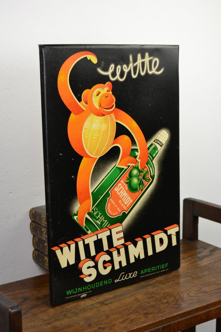 Art Deco 1930s Tin Advertising Sign for Belgian Liquor with a Monkey and Bottle For Sale