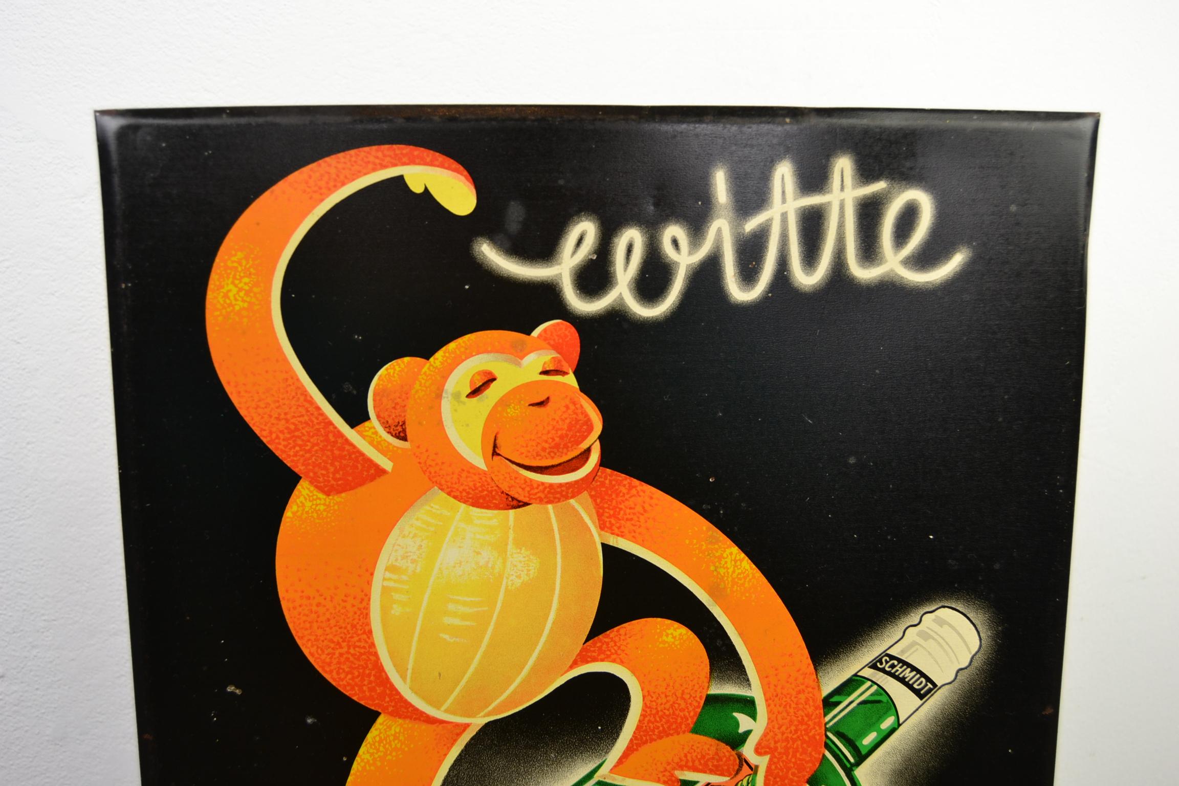 20th Century 1930s Sign for Belgian Liquor with Monkey and Bottle