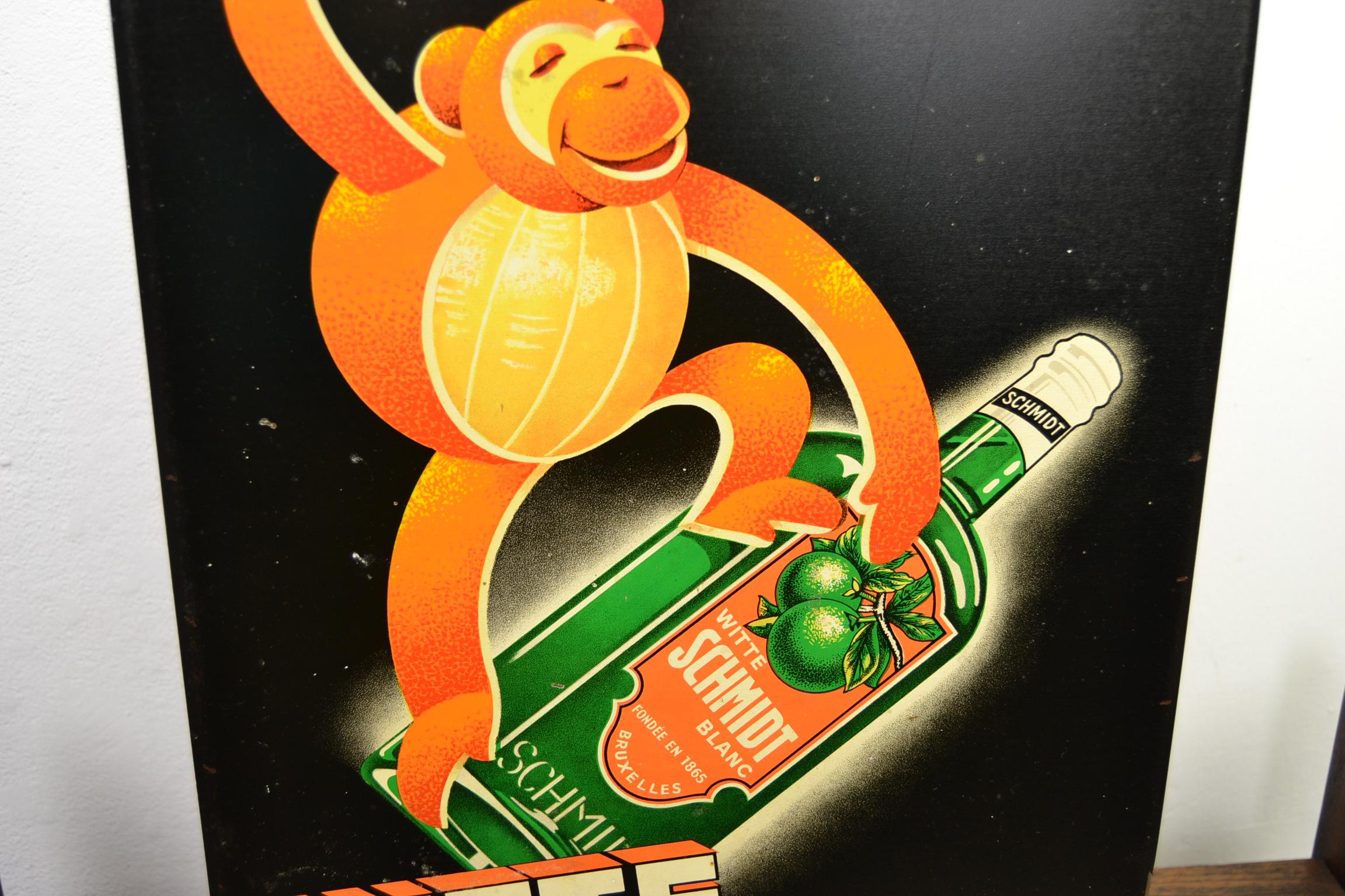 Tin 1930s Sign for Belgian Liquor with Monkey and Bottle