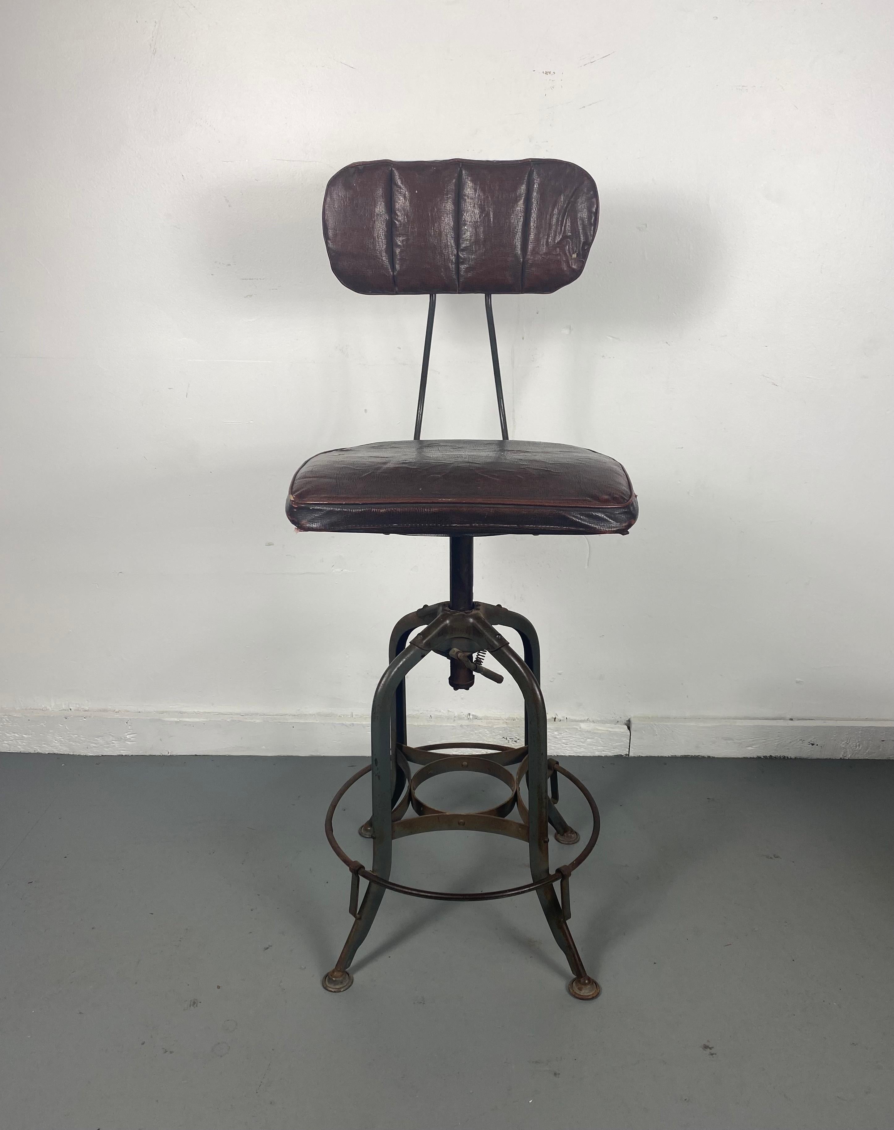 1930s Toledo Industrial Adjustable Height Swivel Stool .Orig Oil Cloth Covers 4