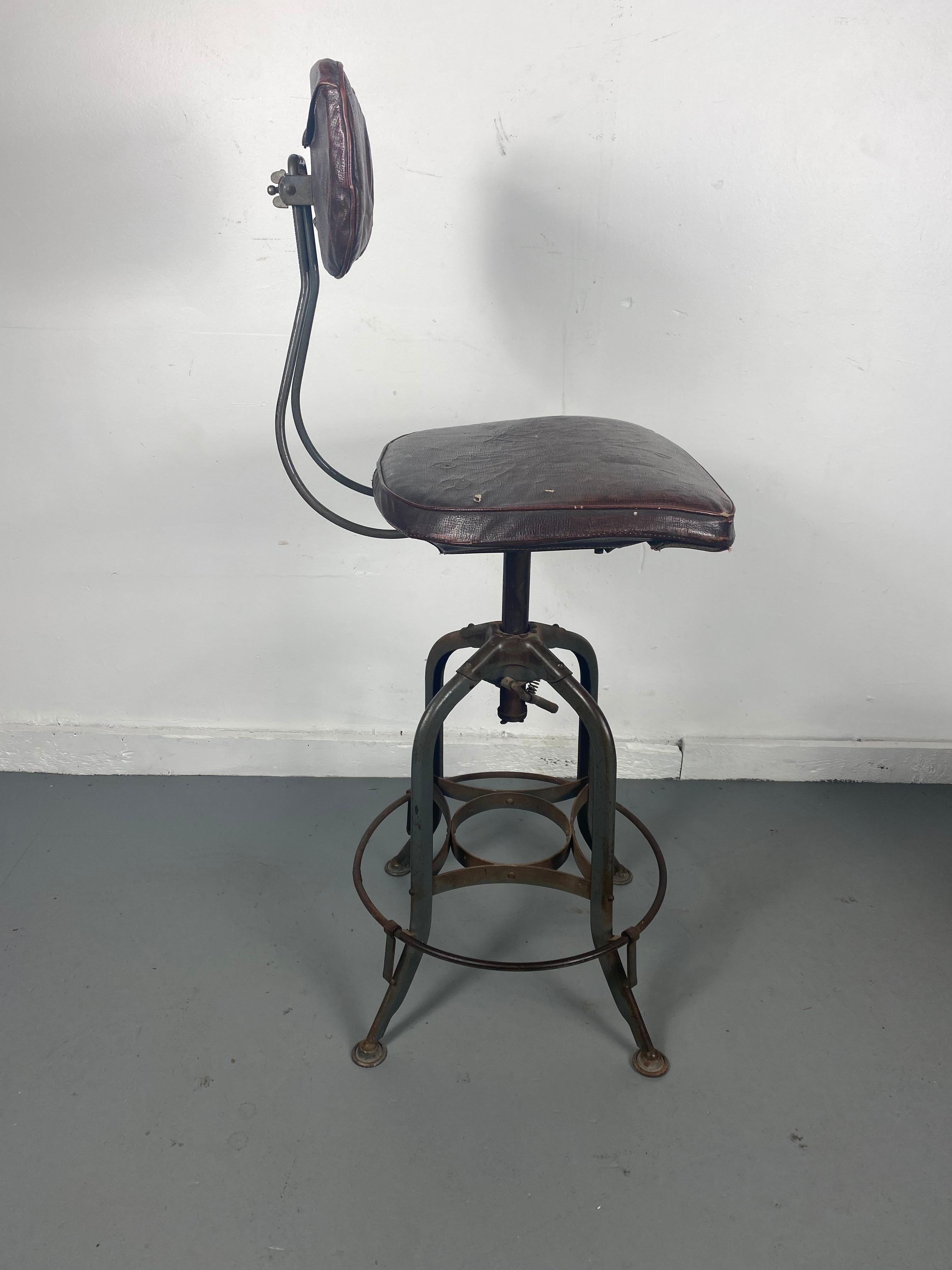 American 1930s Toledo Industrial Adjustable Height Swivel Stool .Orig Oil Cloth Covers