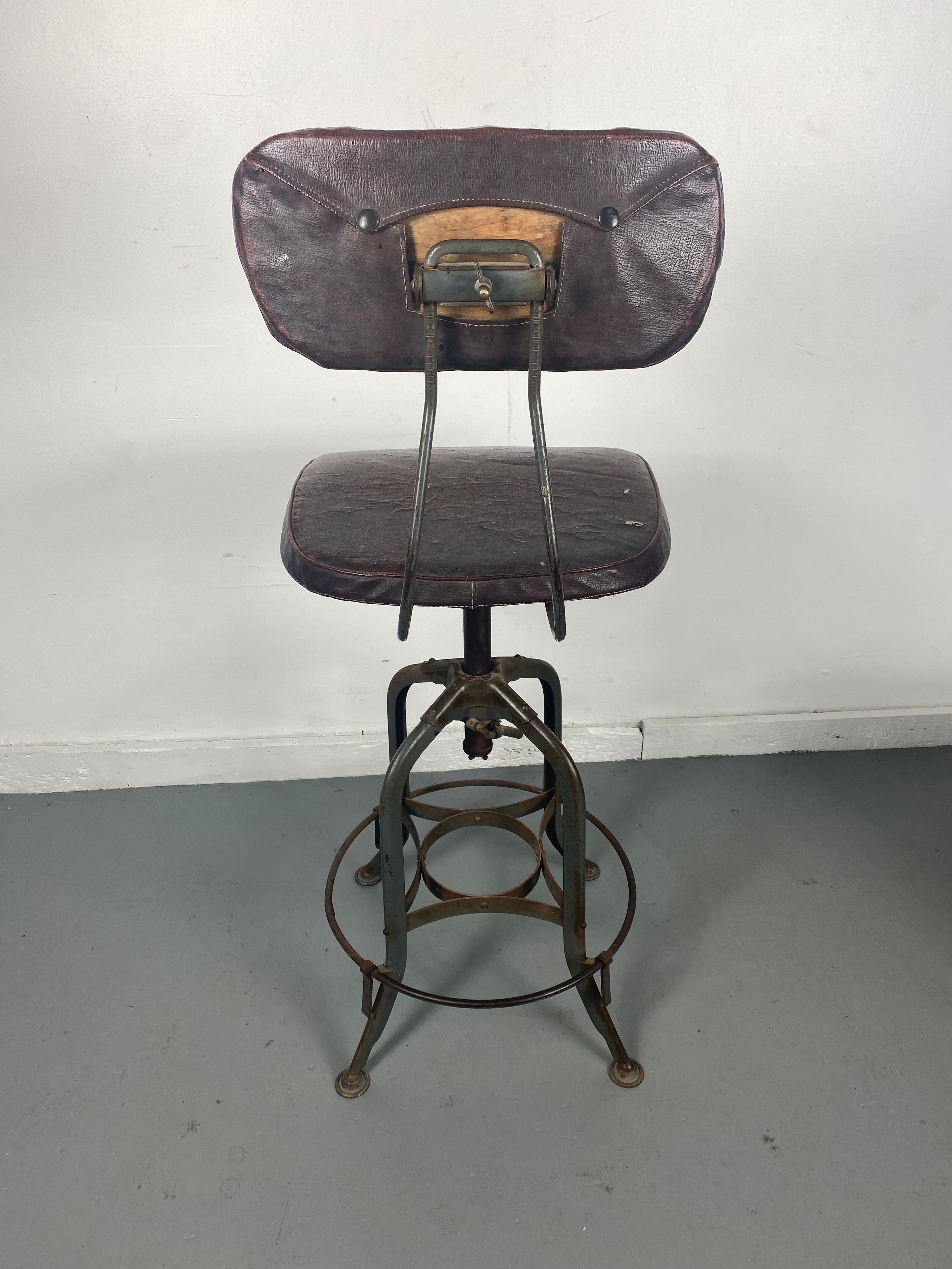 Steel 1930s Toledo Industrial Adjustable Height Swivel Stool .Orig Oil Cloth Covers