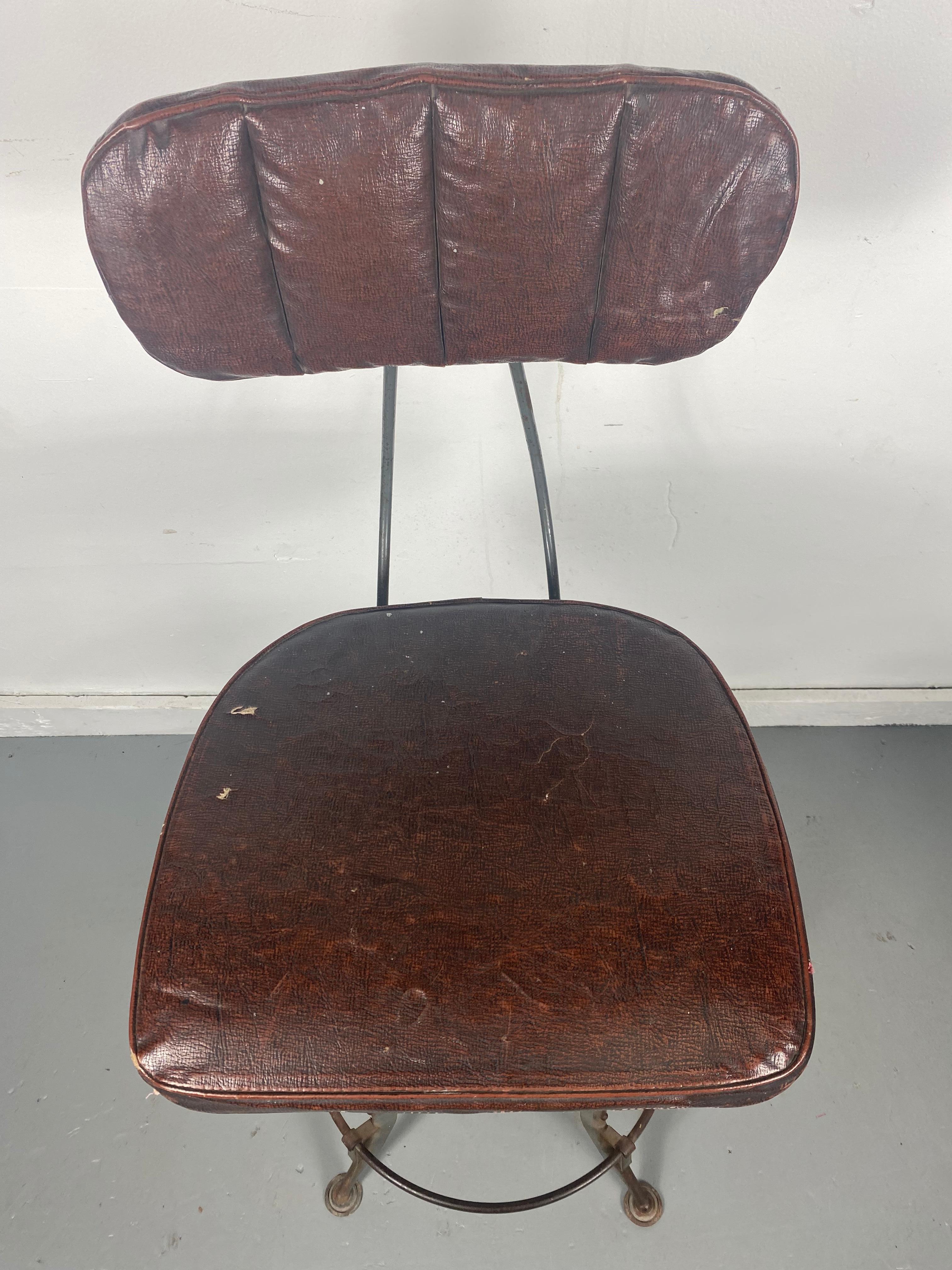 1930s Toledo Industrial Adjustable Height Swivel Stool .Orig Oil Cloth Covers 1