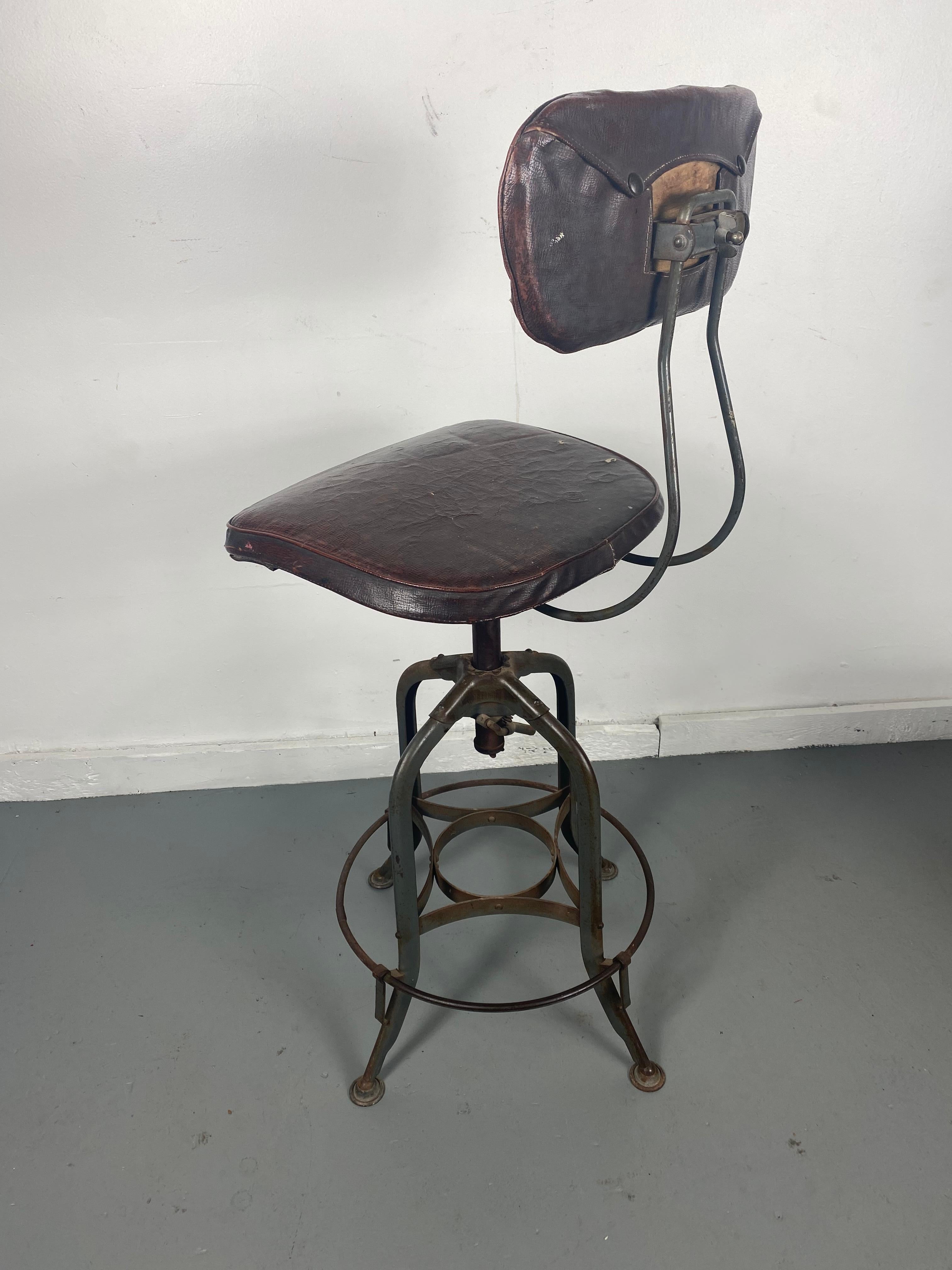 1930s Toledo Industrial Adjustable Height Swivel Stool .Orig Oil Cloth Covers 2