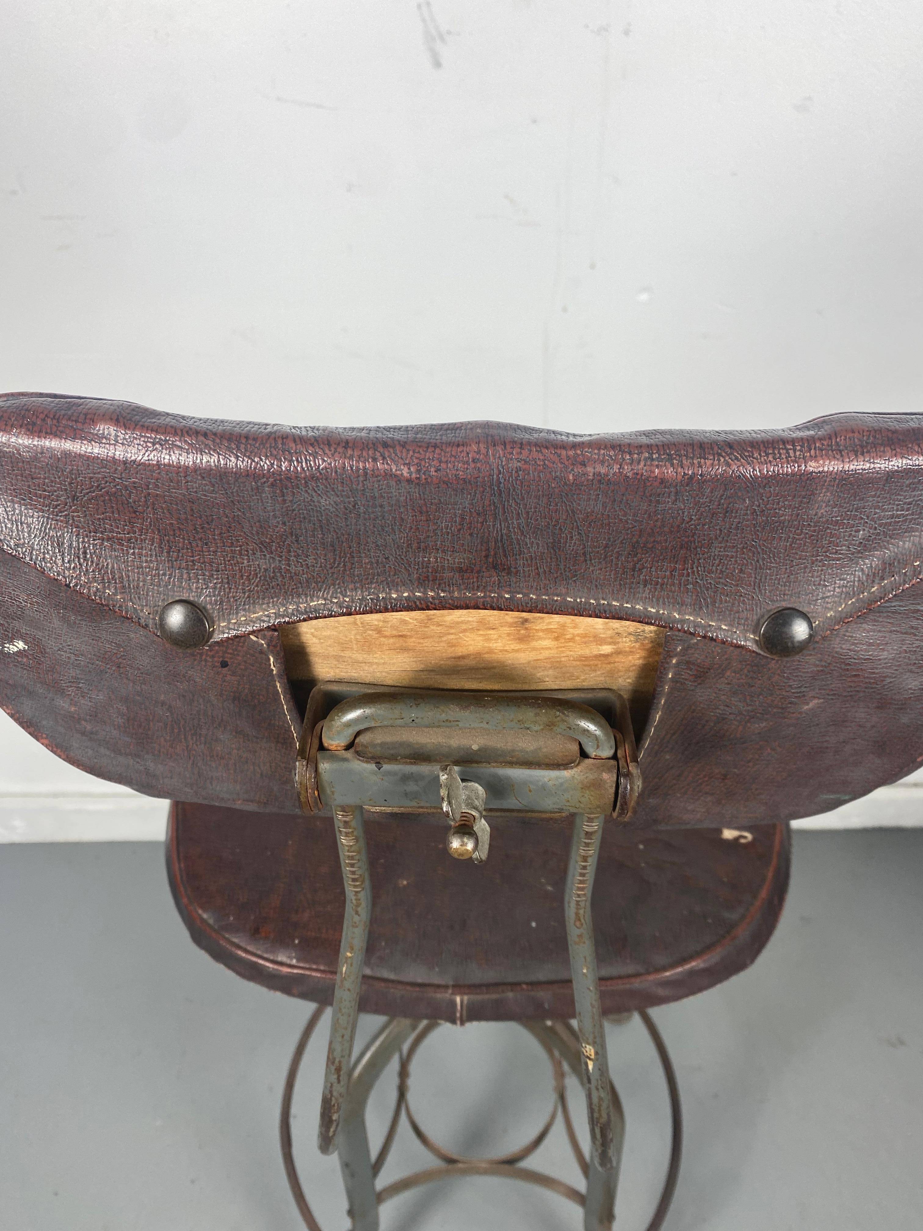 1930s Toledo Industrial Adjustable Height Swivel Stool .Orig Oil Cloth Covers 3