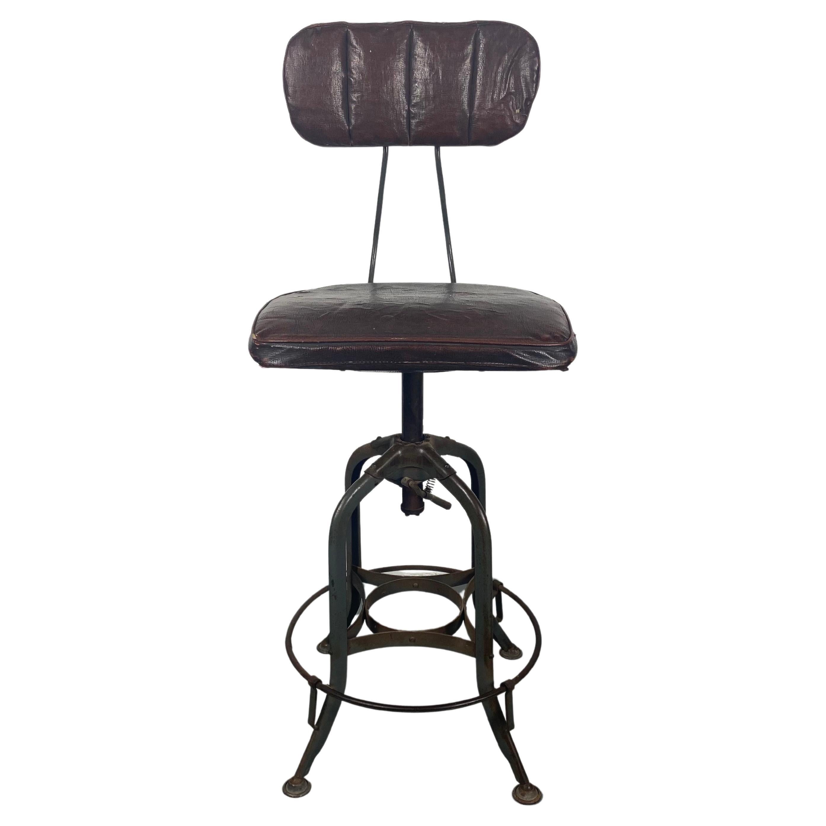 1930s Toledo Industrial Adjustable Height Swivel Stool .Orig Oil Cloth Covers