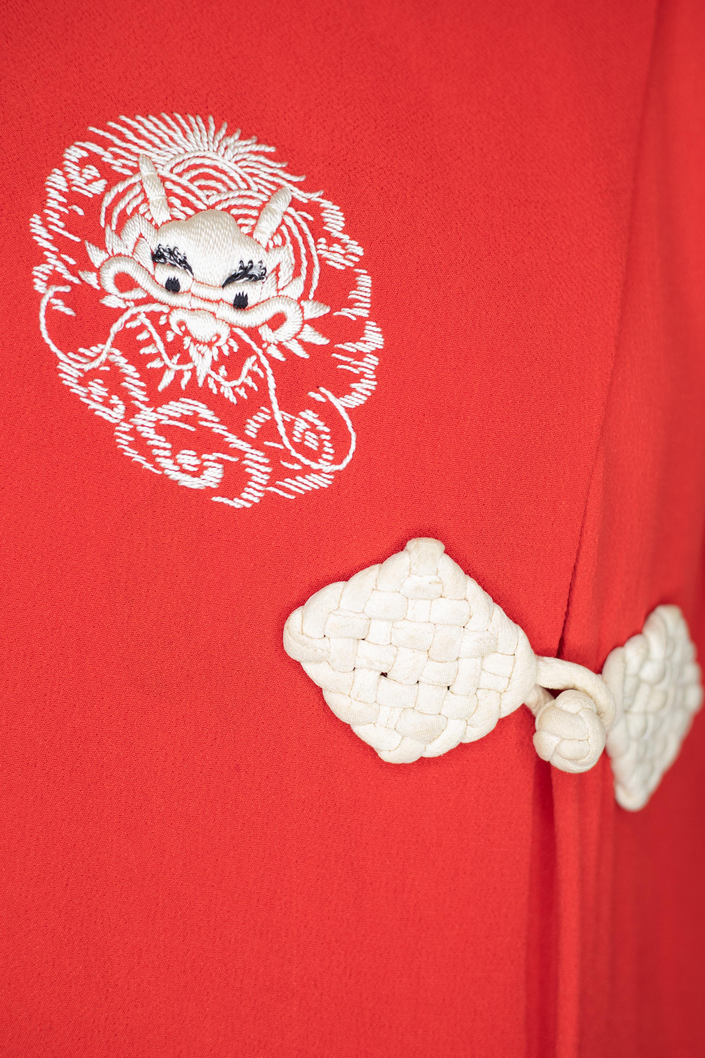 Pijama de estilo asiático 1930S de crepé de rayón rojo tomate en venta 4