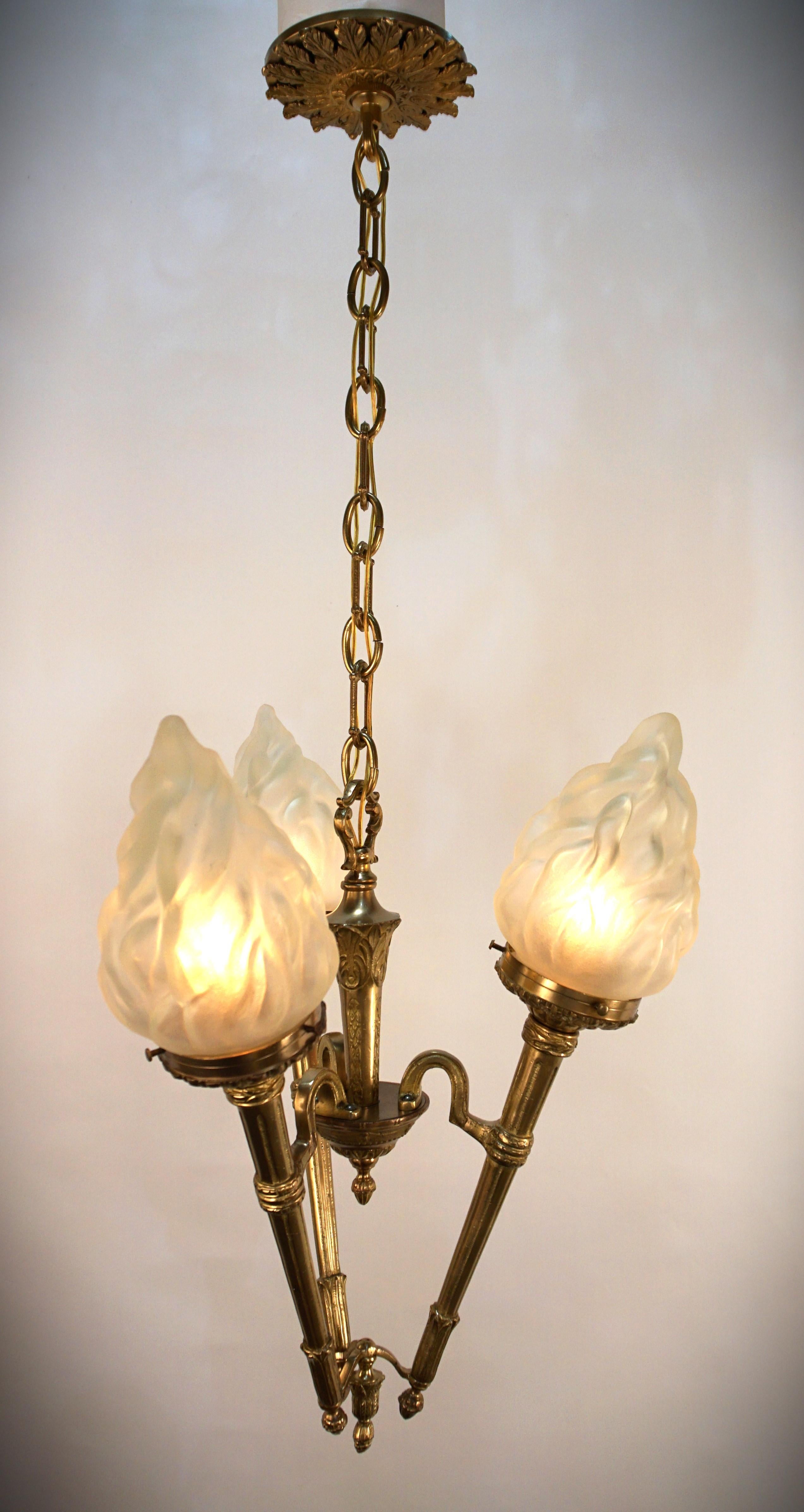 1930's Torch Flame Bronze Chandelier In Good Condition In Fairfax, VA
