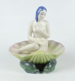 1930s Torino Glazed Porcelain Sculpture of Seated Venus on Shell by Lenci, Italy