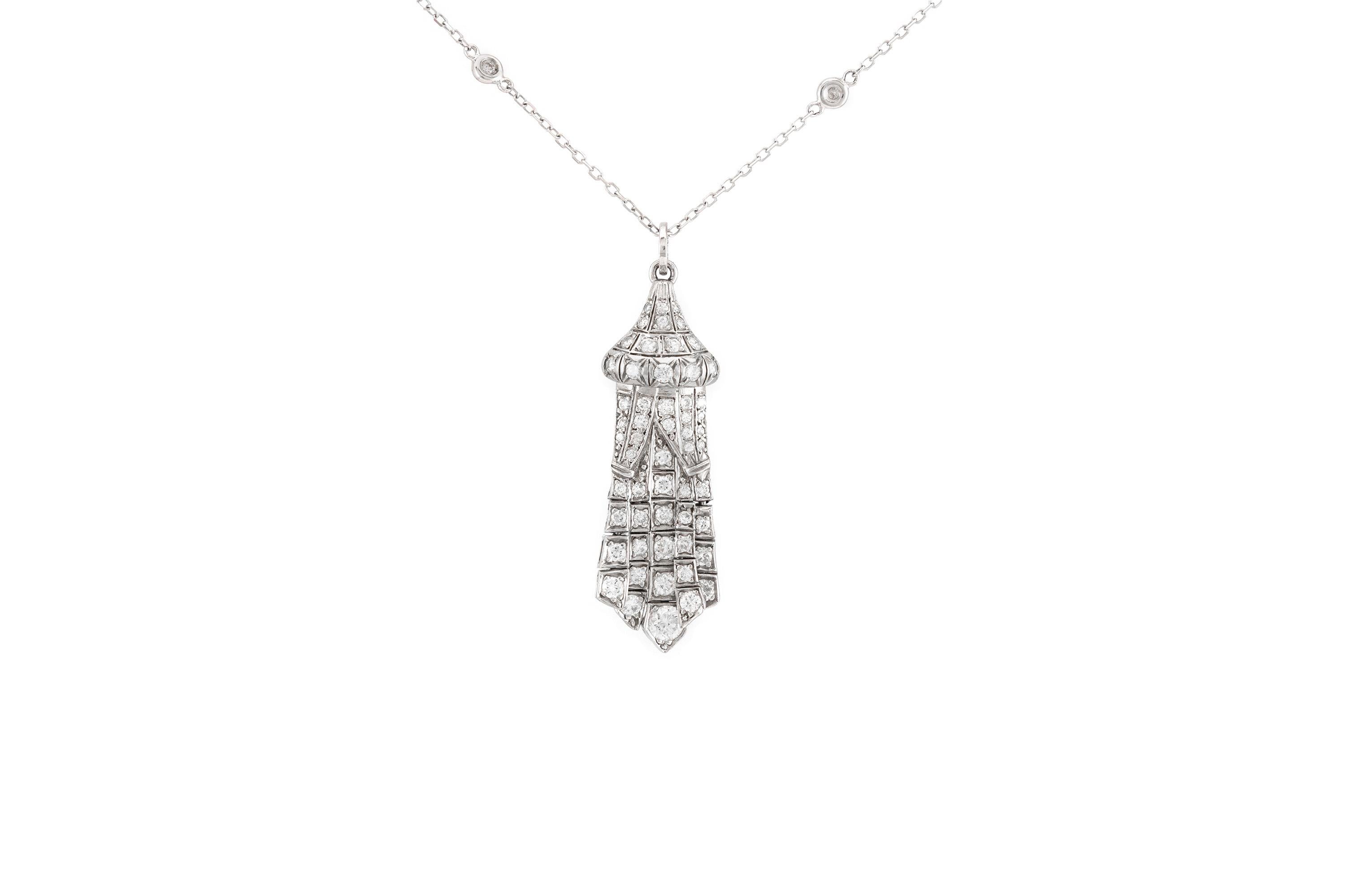 Round Cut 1930s Tower with Diamonds Pendant and Necklace For Sale