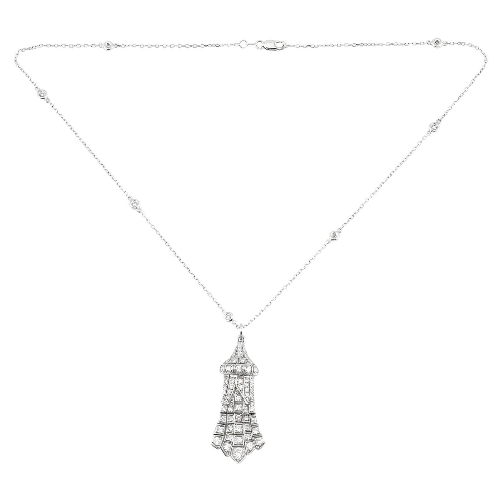 1930s Tower with Diamonds Pendant and Necklace For Sale