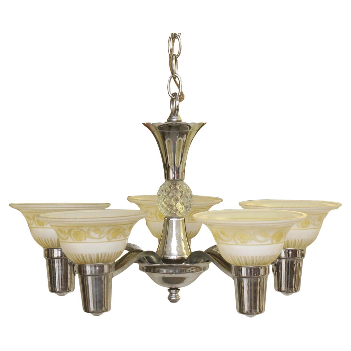 1930s Traditional 5 Light Nickel Slip Shade Chandelier