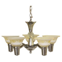 1930s Traditional 5 Light Nickel Slip Shade Chandelier