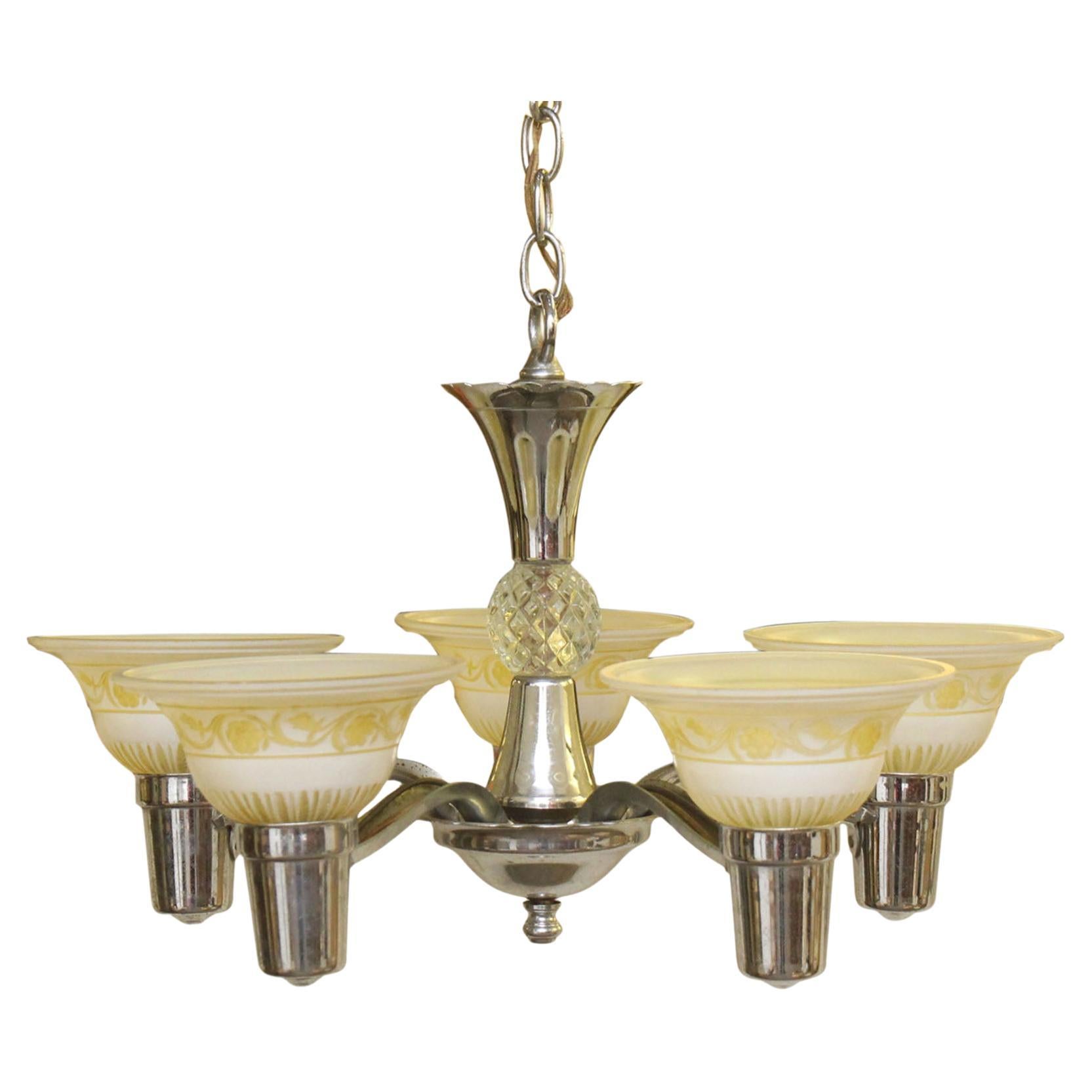 1930s Traditional 5 Light Nickel Slip Shade Chandelier For Sale