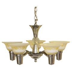 1930s Traditional 5 Light Nickel Slip Shade Chandelier
