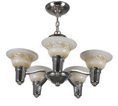 1930s Traditional 5 Light Nickel Slip Shade Chandelier