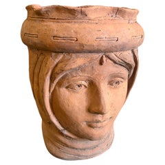 1930s Traditional Hand-Crafted Terracotta Sicilian Head of Moro Vase