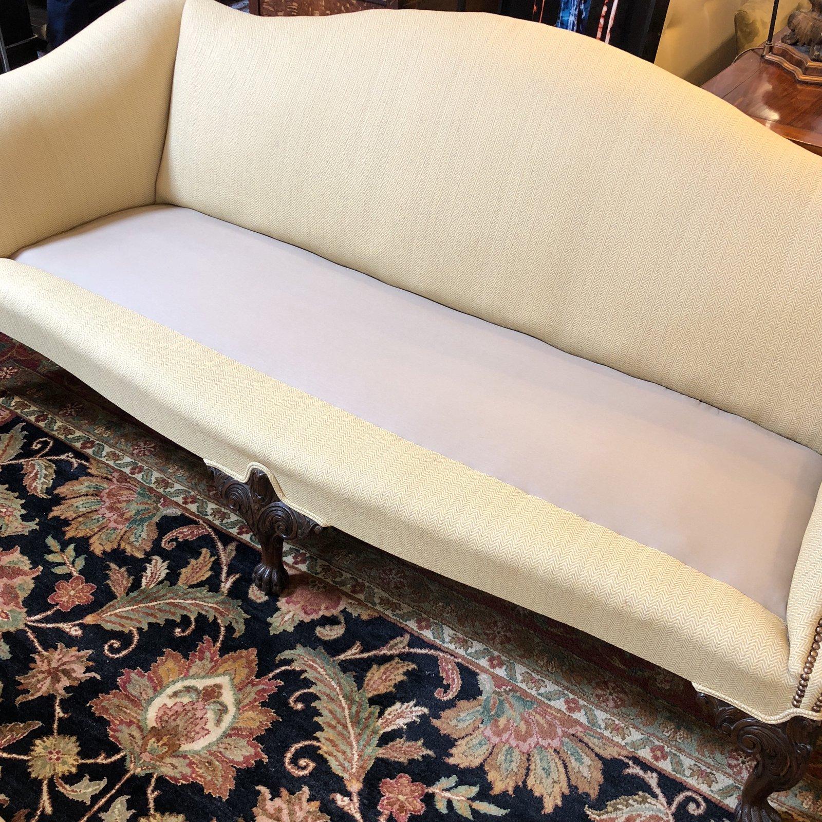 1930s Traditional Upholstered Ecru Camelback Sofa 2