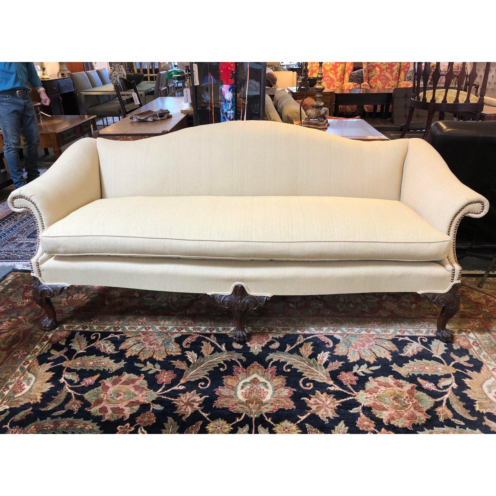 1930s Traditional Upholstered Ecru Camelback Sofa 1