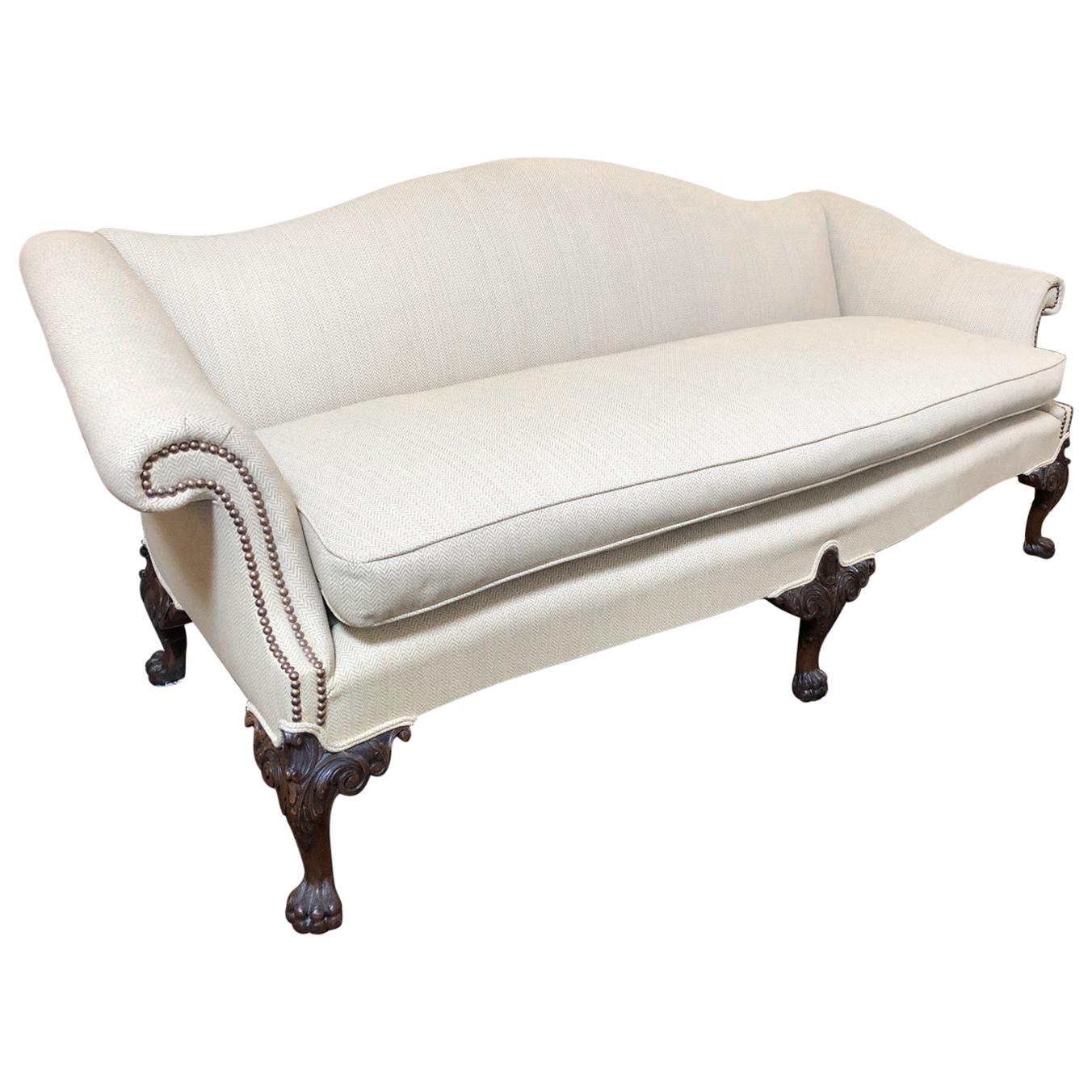1930s Traditional Upholstered Ecru Camelback Sofa