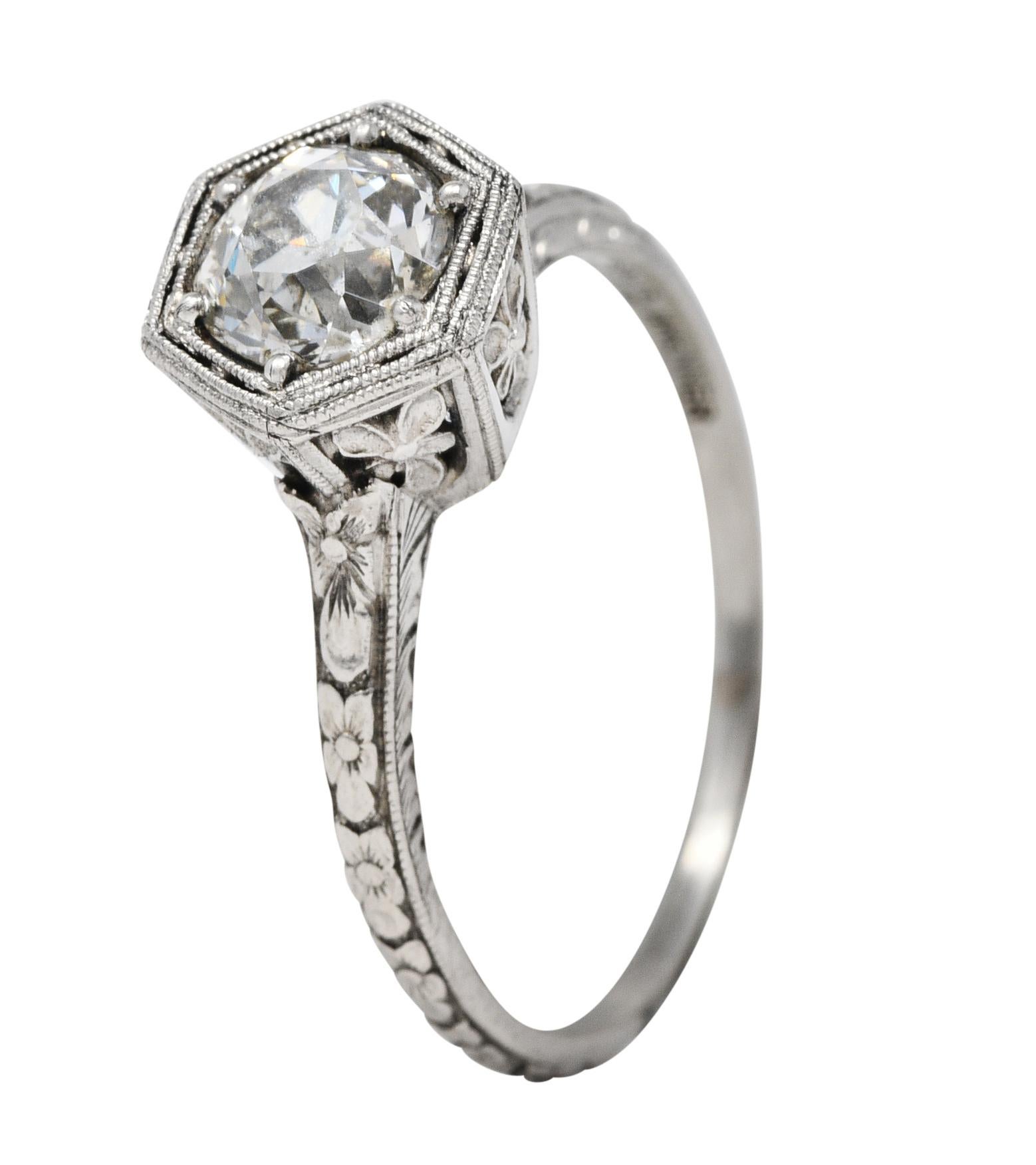 Bague de fiançailles Traub en platine à fleurs orange et diamants 1,02 carat, années 1930 4