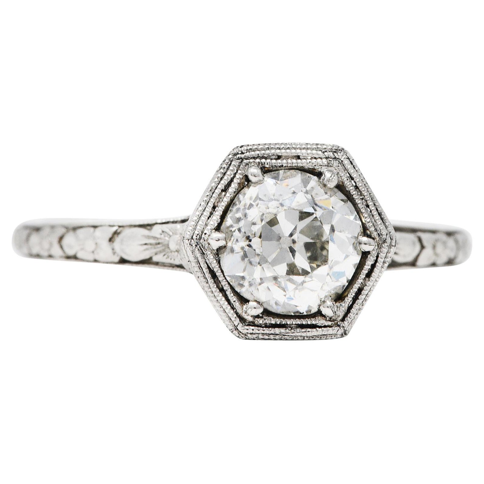 Bague de fiançailles Traub en platine à fleurs orange et diamants 1,02 carat, années 1930