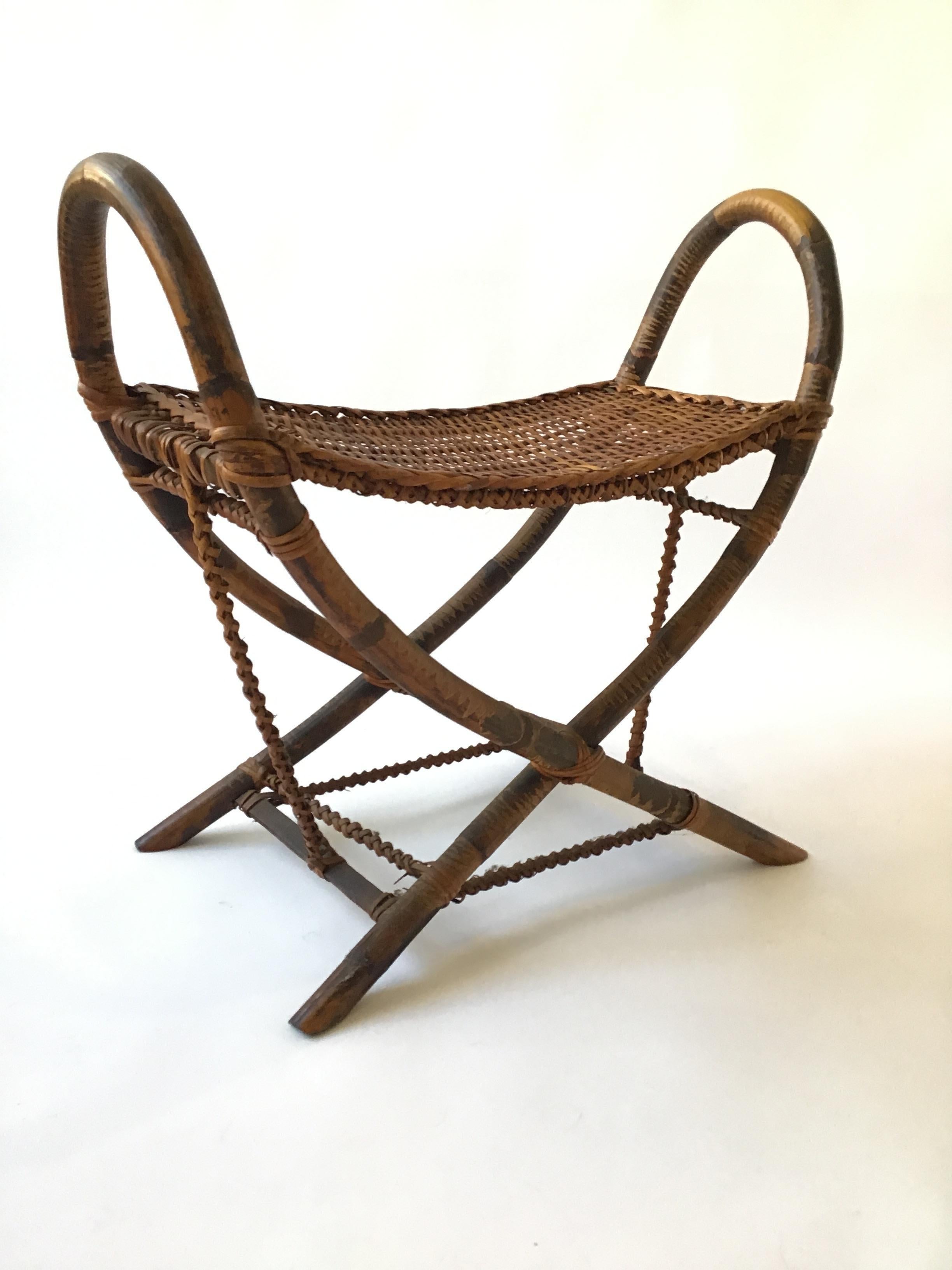1930s tribal bamboo and rattan bench.