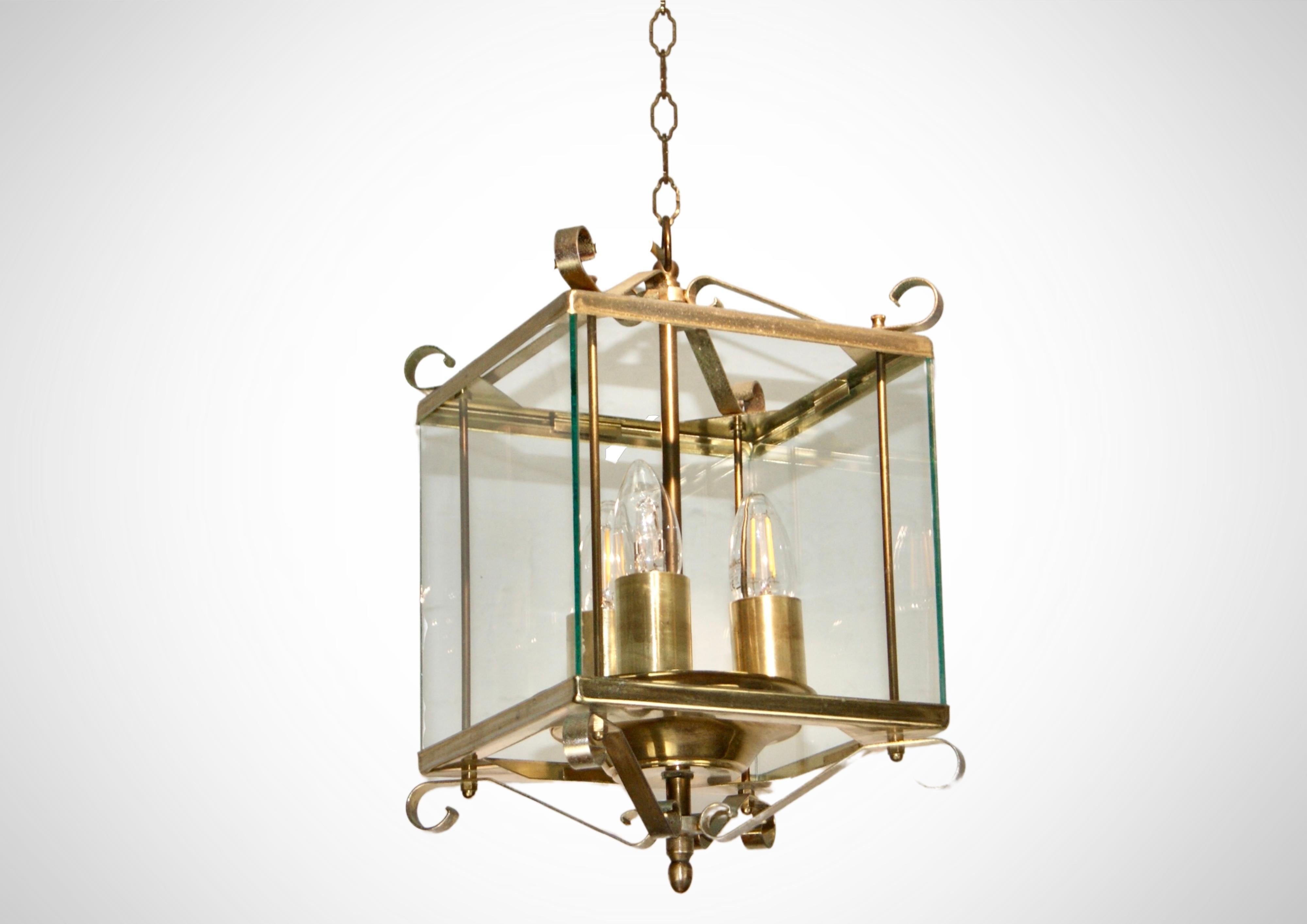 20th Century 1930s Triple Lights Glazed French Lantern Pendant Ceiling Lamp For Sale