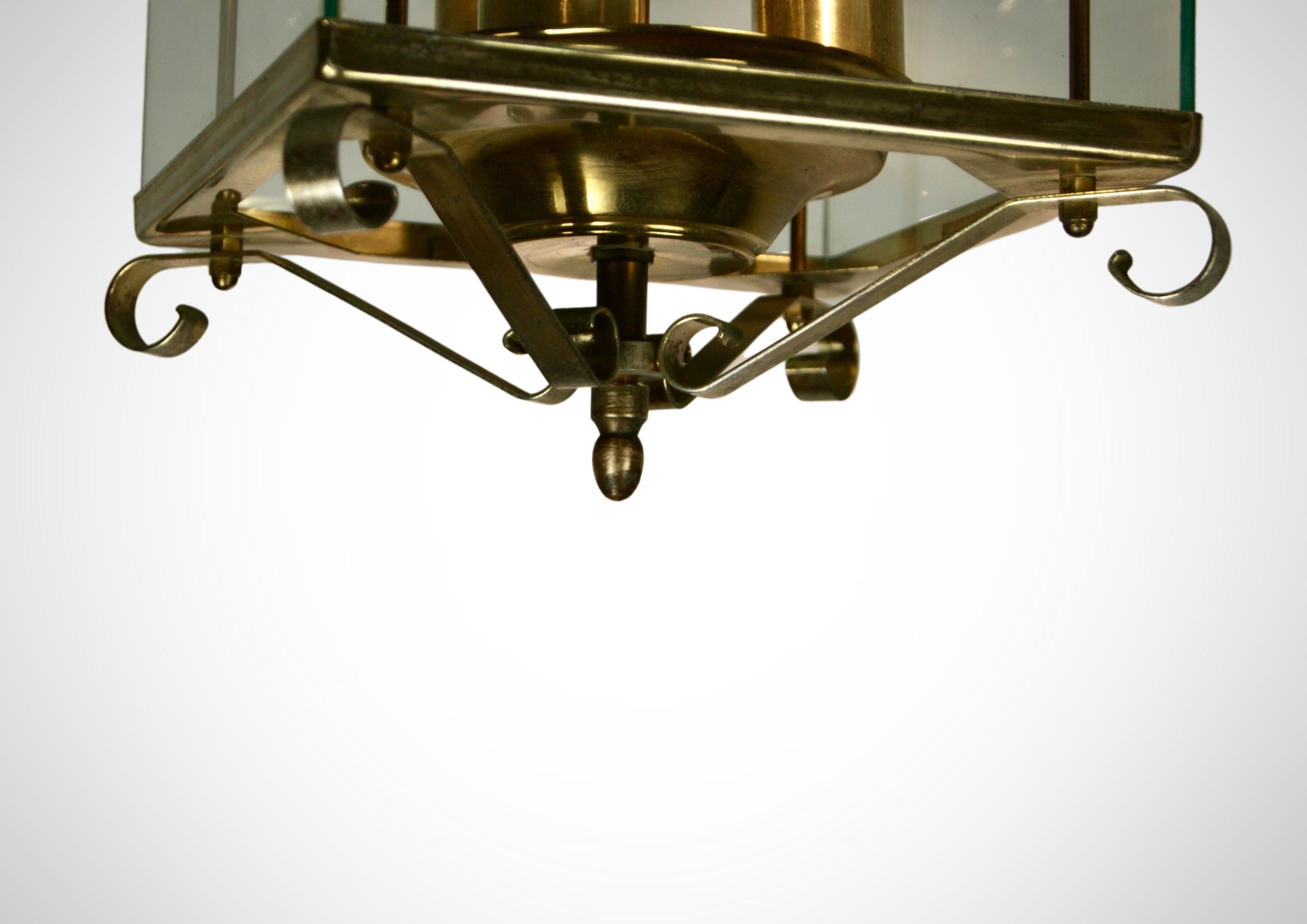 Brass 1930s Triple Lights Glazed French Lantern Pendant Ceiling Lamp For Sale