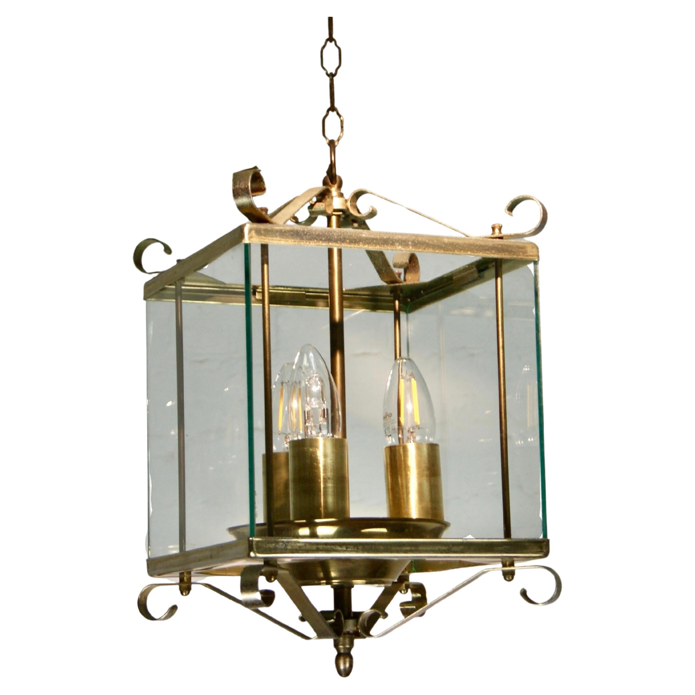 1930s Triple Lights Glazed French Lantern Pendant Ceiling Lamp For Sale