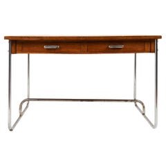 1930s Tubular Oak and Chrome Desk with Drawers, France 1930s Tubular Oak and Chrome Desk with Drawers, France