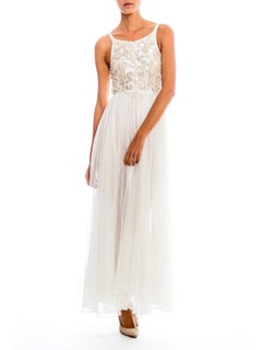 1930S White Rayon Tulle Princess Gown With Pearlesent Sequin Beaded Bodice From