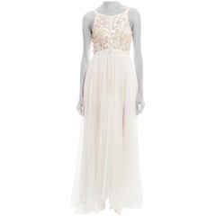 1930S White Rayon Tulle Princess Gown With Pearlesent Sequin Beaded Bodice From