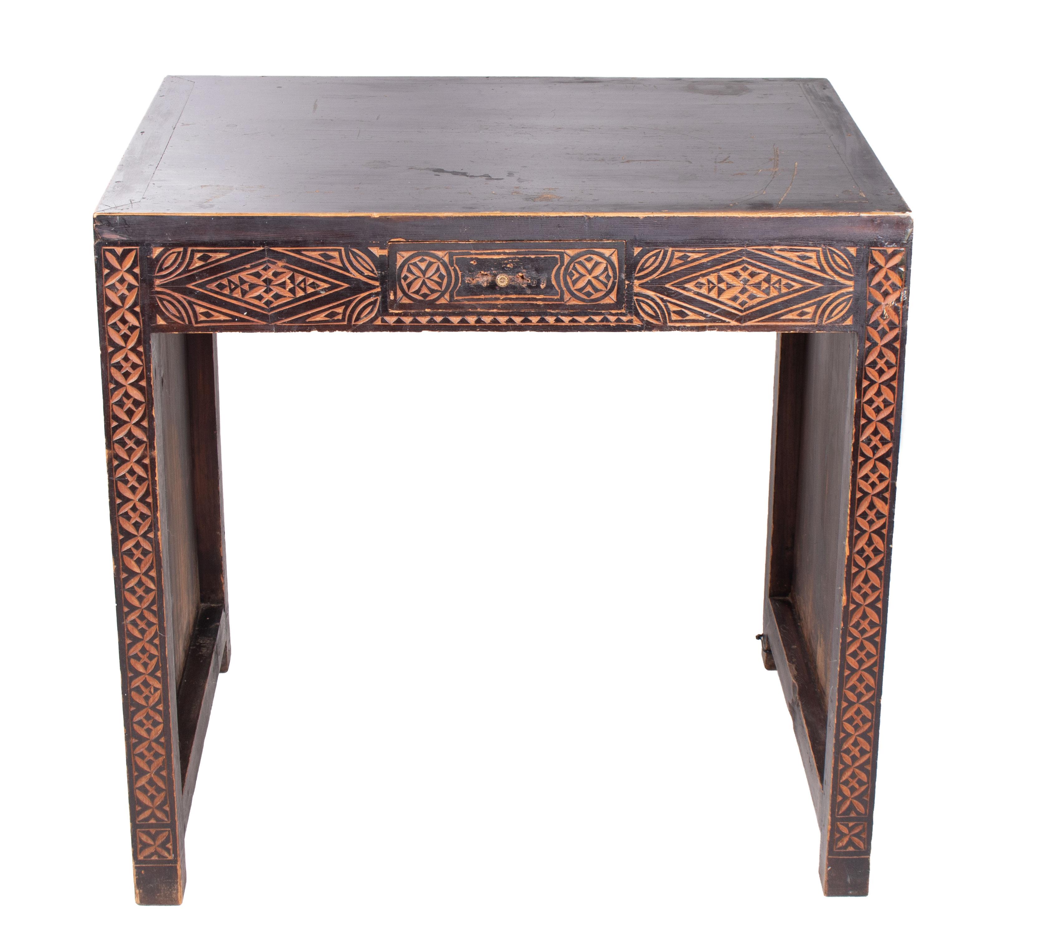 1930s Turkish hand carved wooden single drawer table.