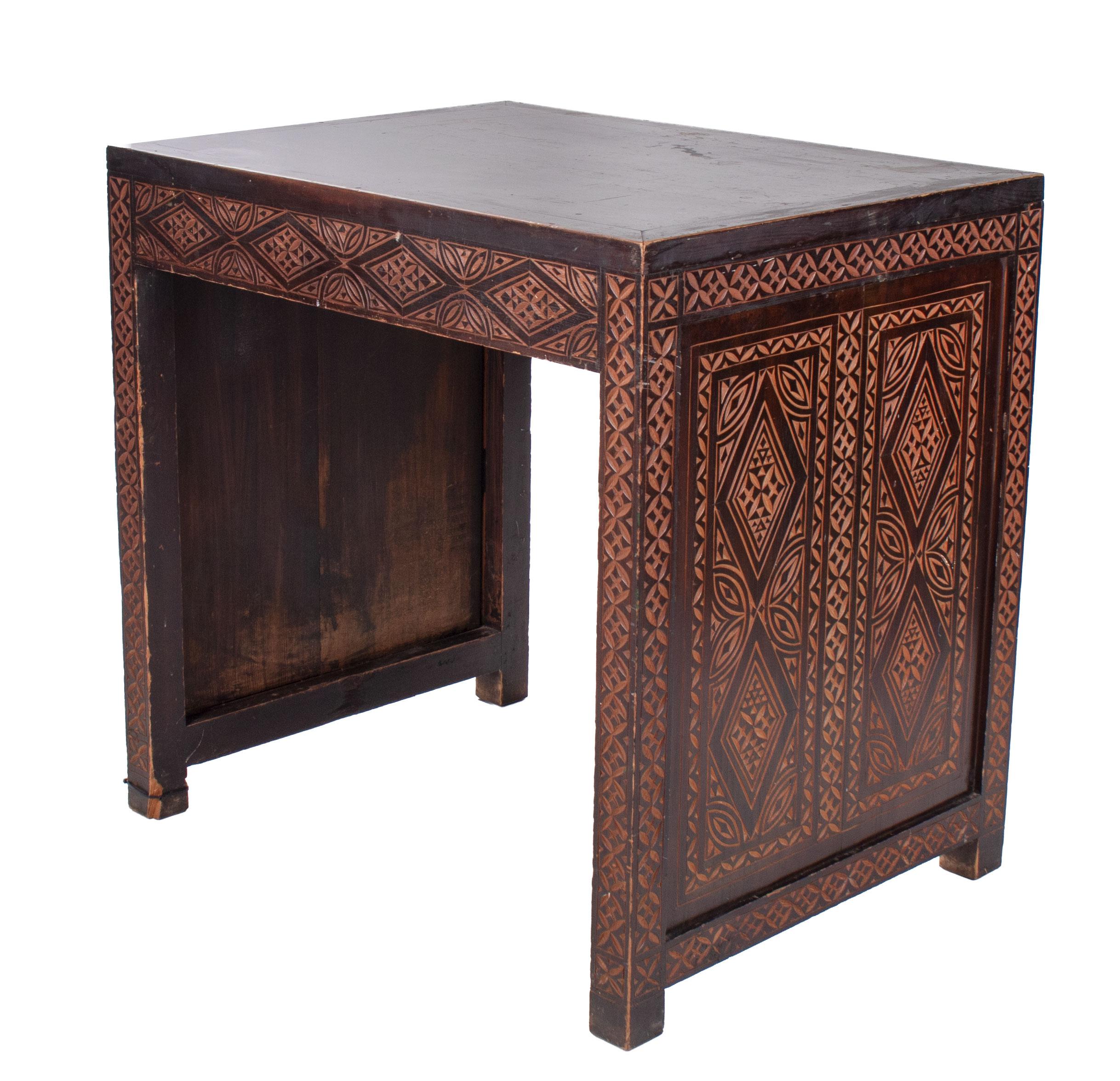 Hand-Carved 1930s Turkish Hand Carved Wooden Single Drawer Table