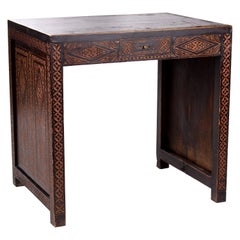 Antique 1930s Turkish Hand Carved Wooden Single Drawer Table