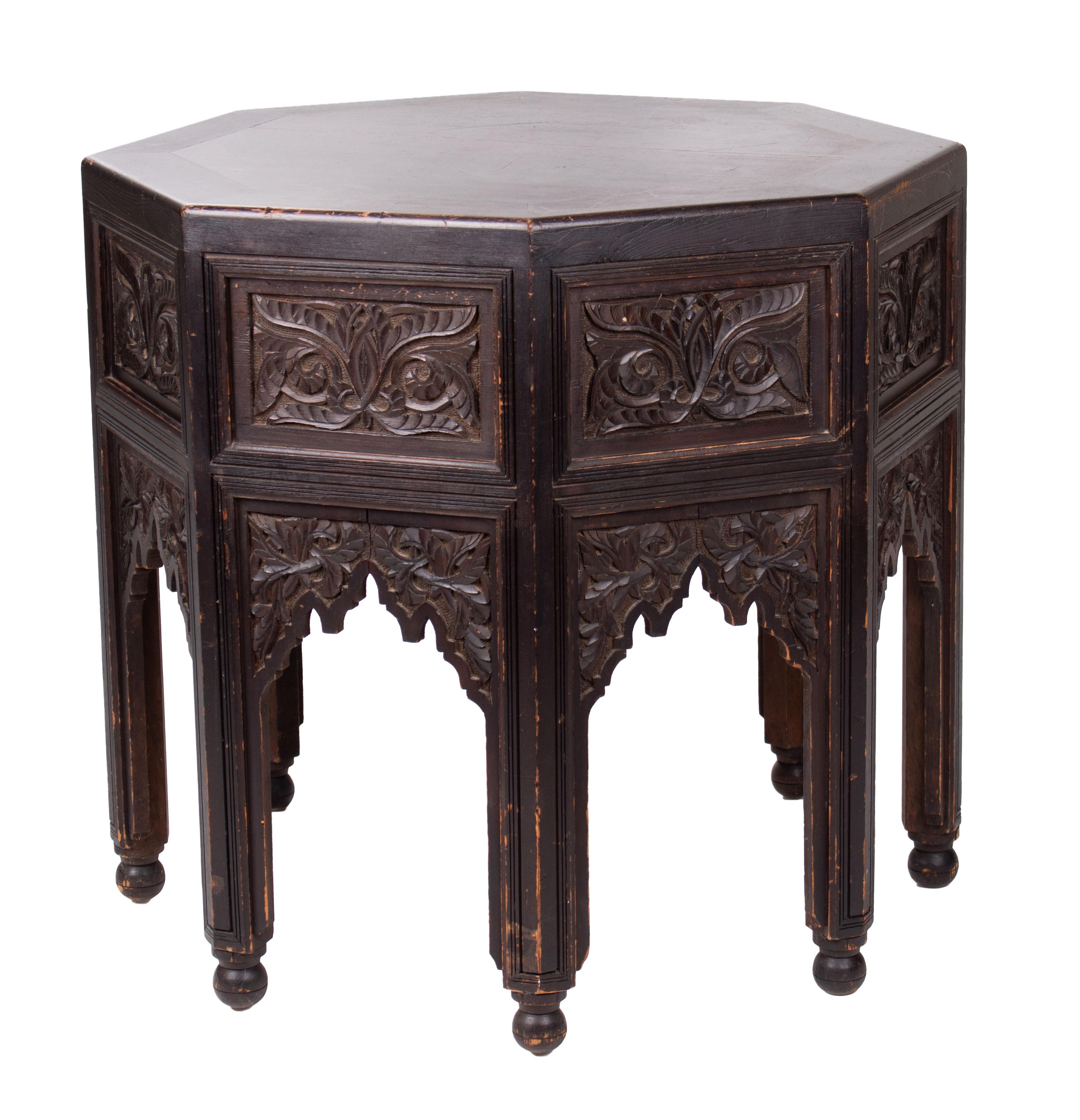 1930s Turkish octagonal hand carved wooden table.