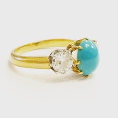 1930s Turquoise and Diamond Platinum 18k Yellow Gold Three-Stone Engagement Ring