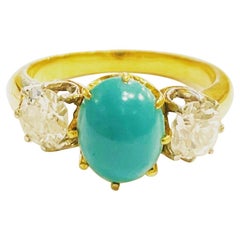 1930s Turquoise and Diamond Platinum 18k Yellow Gold Three-Stone Engagement Ring