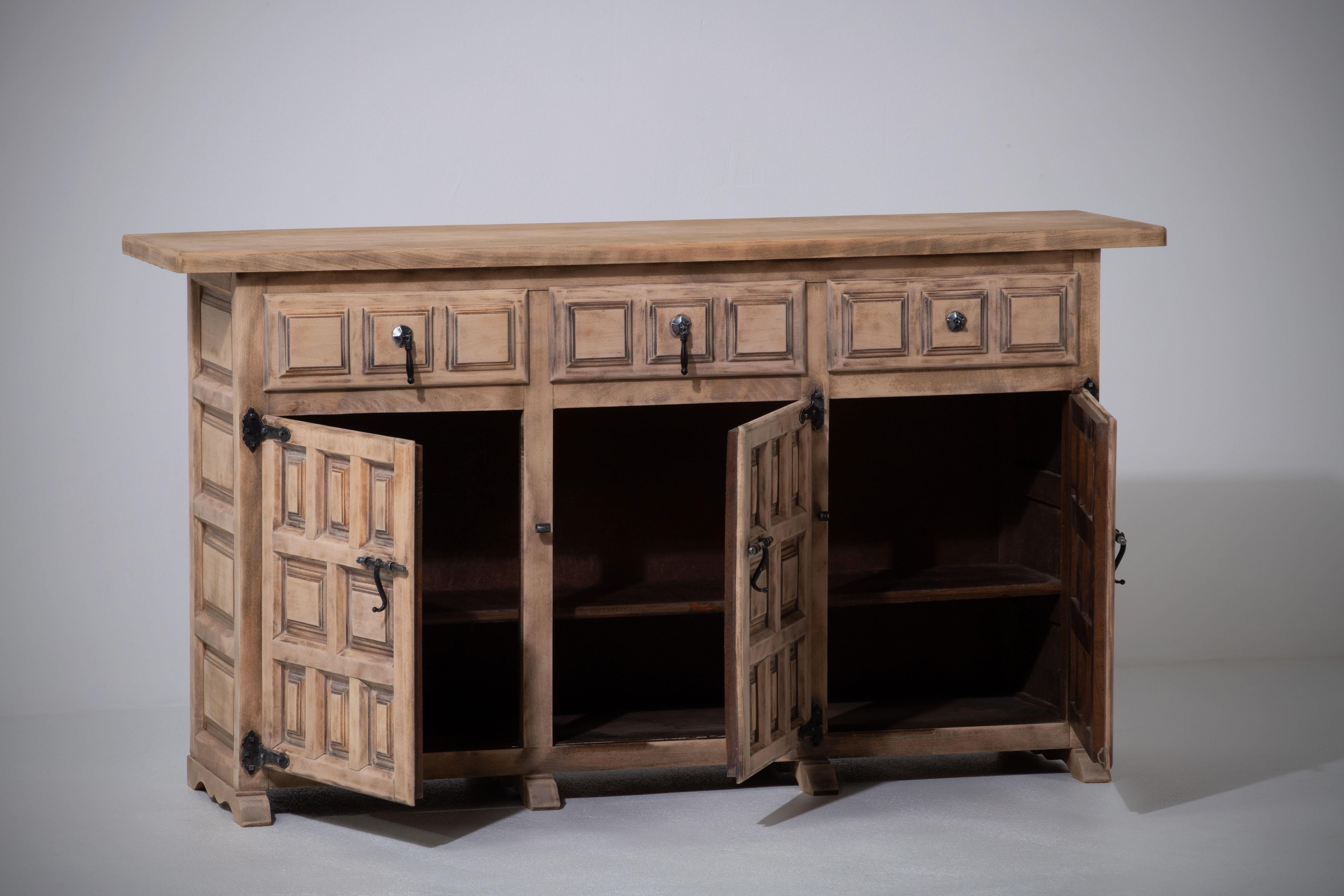 Hand-Carved 1930s Tuscan-Style Spanish Solid Walnut Three-Door Buffet