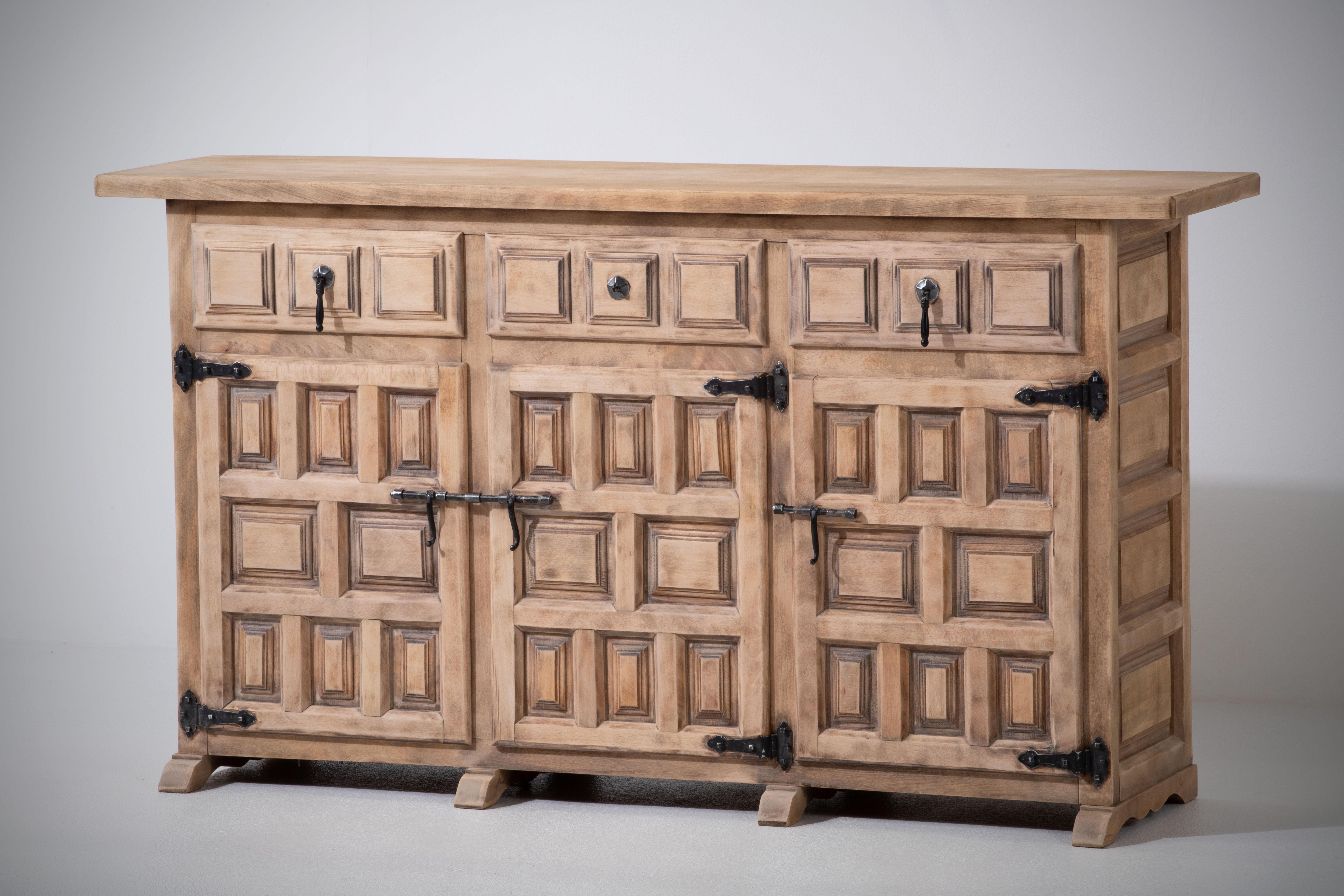 20th Century 1930s Tuscan-Style Spanish Solid Walnut Three-Door Buffet