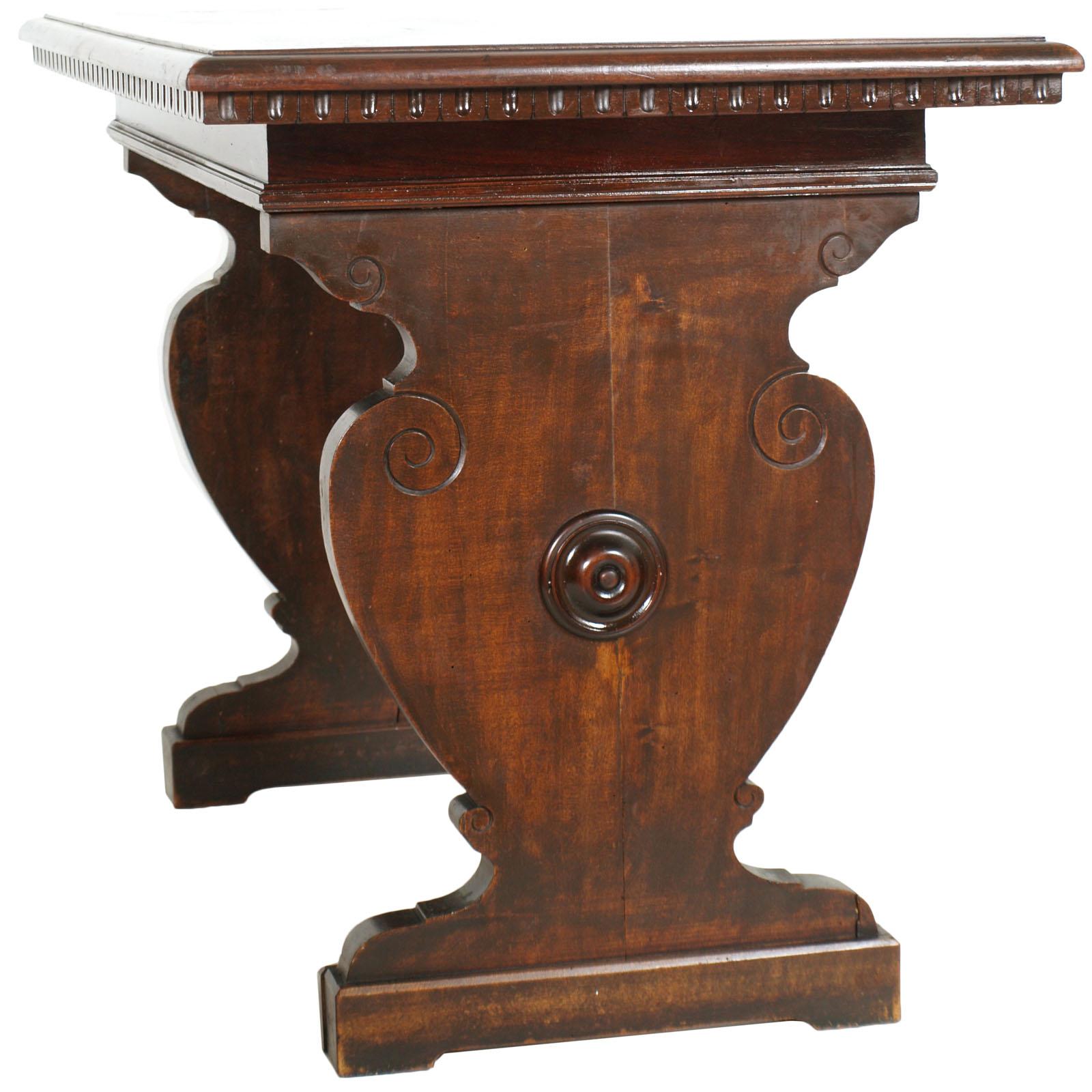 Renaissance Revival Tuscan Desk, Trestle Side Table, Occasional Table, in Solid Walnut, Wax-Polished For Sale