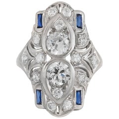 1930s Two-Center Diamond and Diamonds Around with Sapphire Ring 1930s Two-Center Diamond and Diamonds Around with Sapphire Ring
