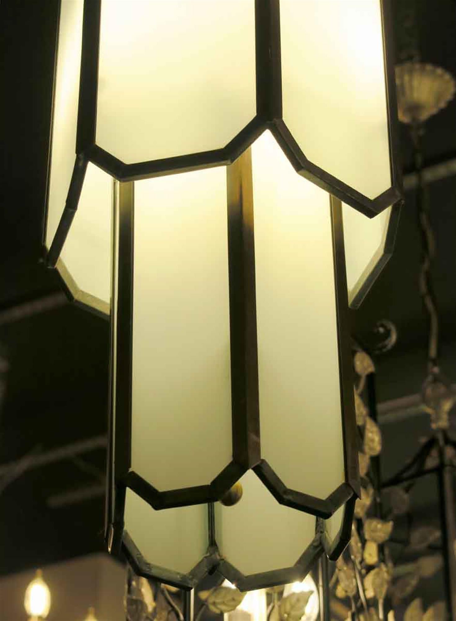 Mid-20th Century 1930s Two-Tier Gold Gilded Bronze and Leaded Glass Art Deco Pendant Light