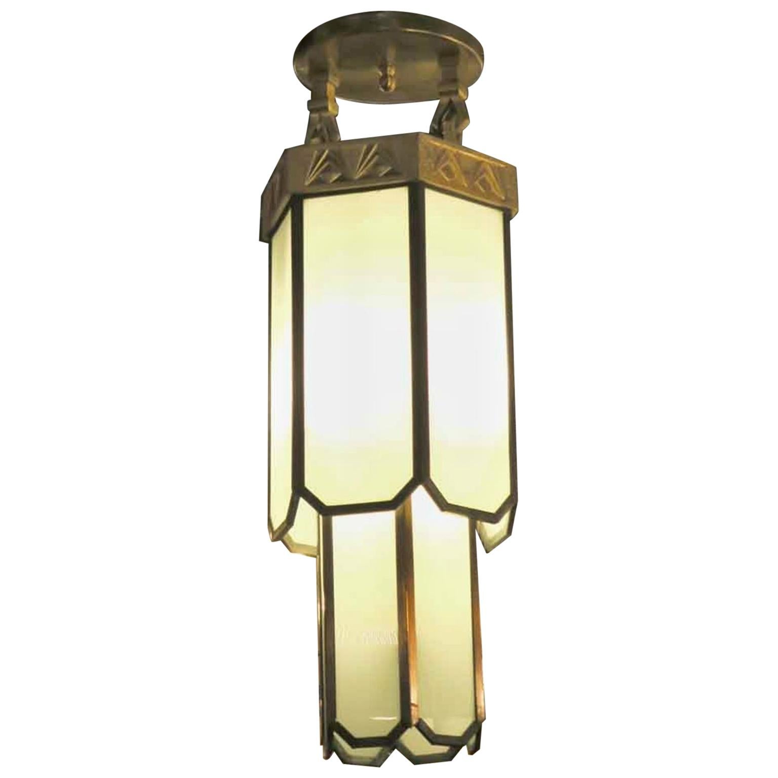 1930s Two-Tier Gold Gilded Bronze and Leaded Glass Art Deco Pendant Light